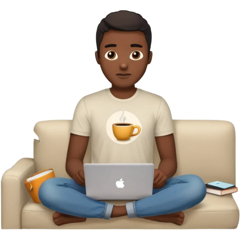 Homme développeur de teint noir, assis dans un coin cosy de son salon un week-end, ordinateur portable ouvert affichant du code. Lumière naturelle douce, ambiance calme. Habillé simplement (t-shirt clair, jean ou short), tasse de café/thé à côté. emoji