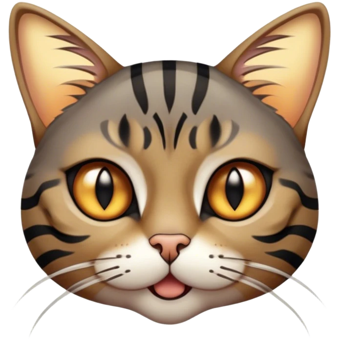 Cinematic Comical Grey and Black Brown Tabby Cat Portrait Emoji, Head tilted dramatically with an exaggeratedly shocked or offended expression, sleek grey-brown fur with bold black tabby stripes, wide amber eyes filled with exaggerated disbelief, Simplified yet hilariously expressive features, highly detailed, glowing with a slightly sassy glow, high shine, dramatic yet playful, stylized with an air of attitude, bright and endearing, soft glowing outline, capturing the essence of a sassy and over-the-top feline, so meme-worthy it feels like it could side-eye its way into internet fame instantly! emoji