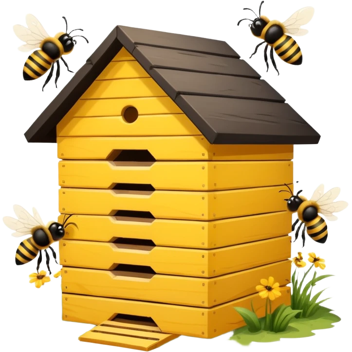 A wooden hive box with bees buzzing around the entrance. emoji