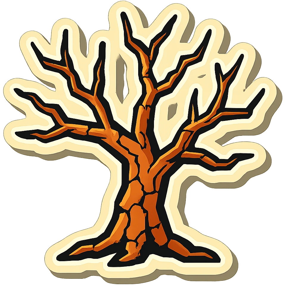 a hard, branched, dry leafless tree, all cracked, two to three colors, clear black outlines, distinct shadows and highlights, retro stickers style, no gradients emoji
