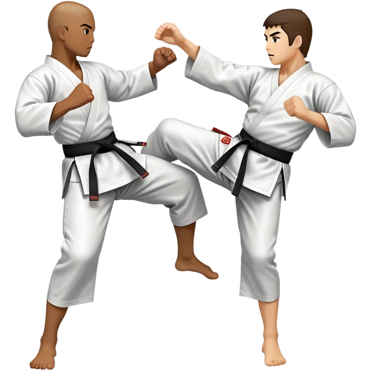 An icon symbolizing traditional Karate, featuring two opponents in a fierce battle. One fighter is delivering a high kick, while the other blocks the attack with a strong defense. The background reflects the calm yet intense atmosphere of a dojo, with traditional elements. Transparent background  emoji