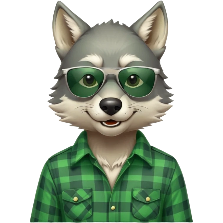 head and shoulders friendly anthropomorphised wolf in green plaid shirt and green attire for St. Patrick's Day, wearing dark sunglasses, upright pose emoji