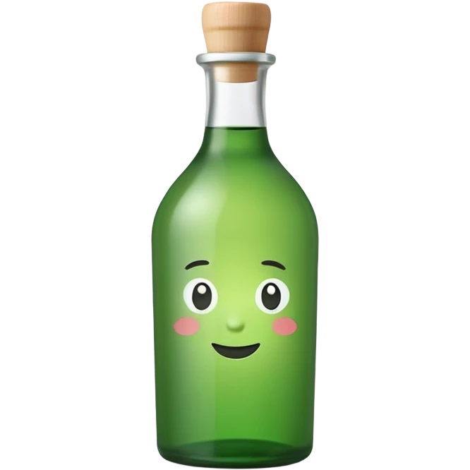 A clean, cute emoji-style green soju bottle, small Korean soju bottle with green glass, simple label in Korean style, minimal flat design, soft shading, centered, white or transparent background, high contrast, rounded friendly emoji look, 1:1 aspect ratio, app icon style emoji