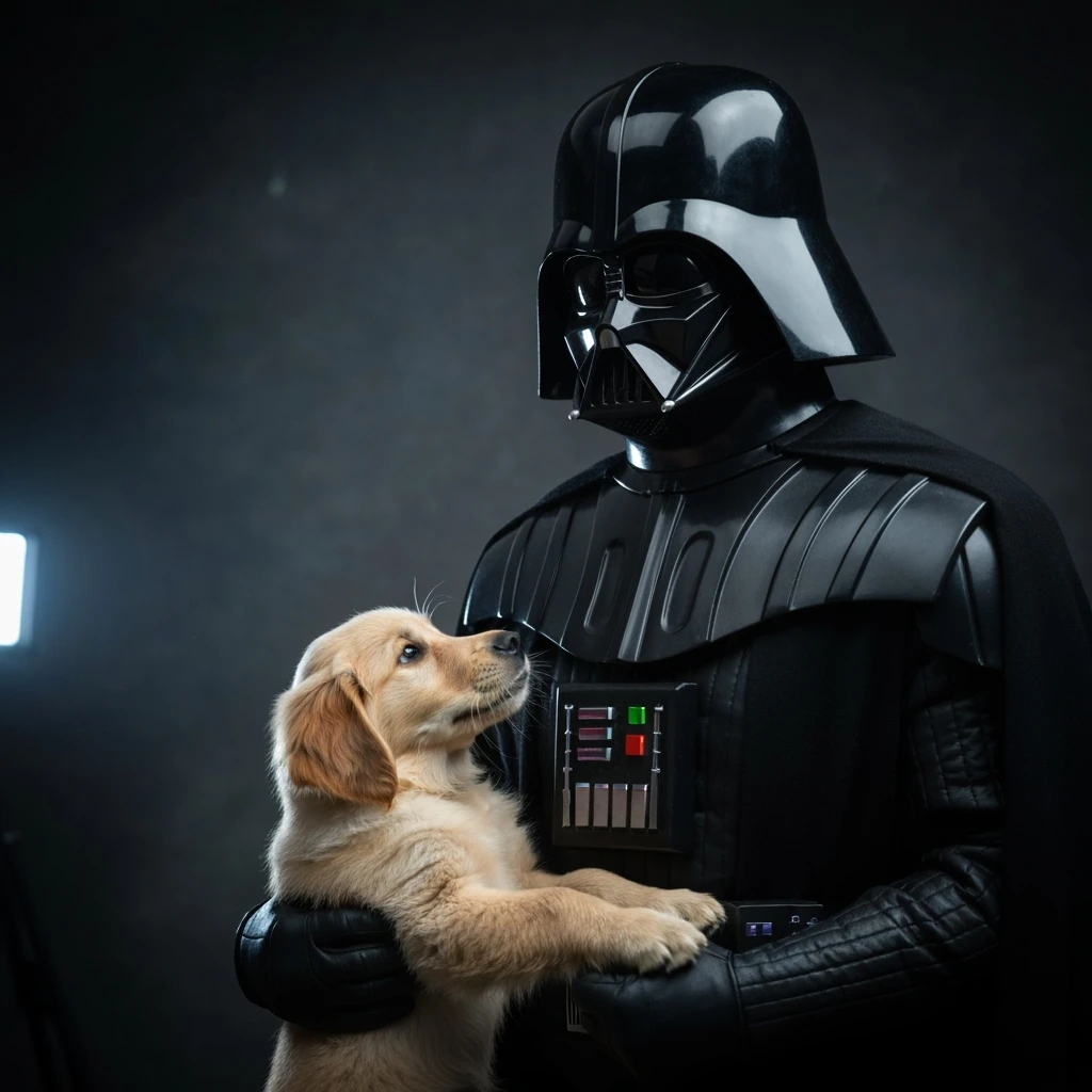 Photo of a darth vader holding puppy golden retriver, low key light emoji