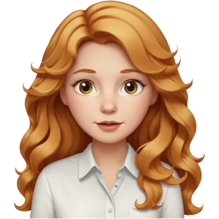 white adult woman with strawberry blonde super long wavy hair, white shirt, blushed cheeks emoji