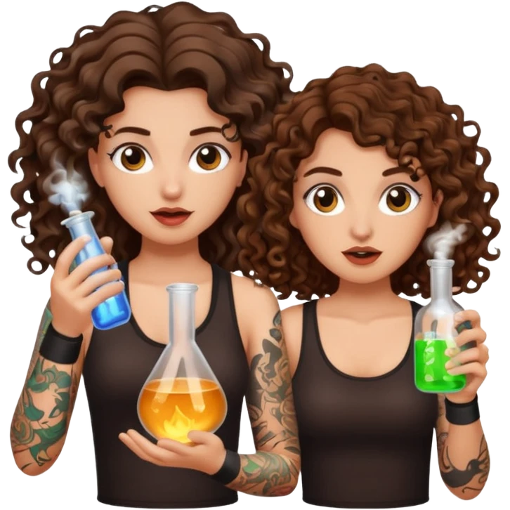 wrong mixture — long wavy brown hair tattooed woman and short tight curly brown hair woman — panic holding glowing flask emoji