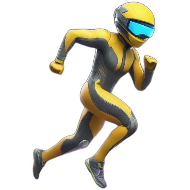 Design a dynamic figure with motion blur, dressed in futuristic running gear, racing through a neon-lit urban landscape. emoji