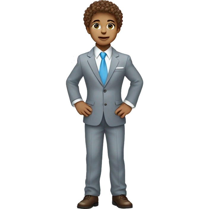 Little young  gentleman wearing a grey suit with white shirt and baby blue tie with blue eyes ,  very white  skin and brown curly hair and full body . Wearing a watch  emoji