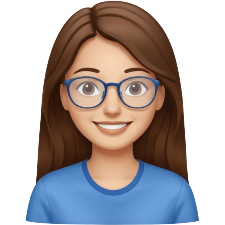 Women with long brown hair smiling, the lady wear glasses and a blue shirt reflecting harmony and peace  emoji