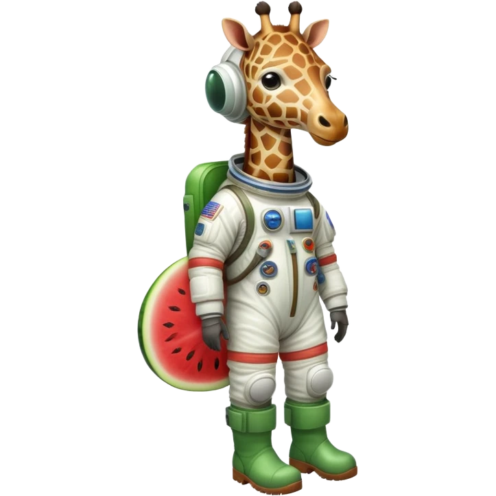 a round watermelon body with only the head of a giraffe sticking out, wearing brown boots and an astronaut helmet emoji