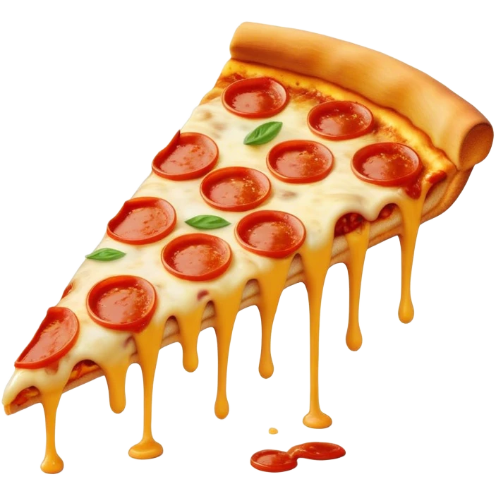 Cinematic cheesy pizza slice, gooey melted cheese stretching as a bite is taken, crispy golden crust, rich tomato sauce, vibrant toppings, warm glowing background, inviting and delicious. emoji