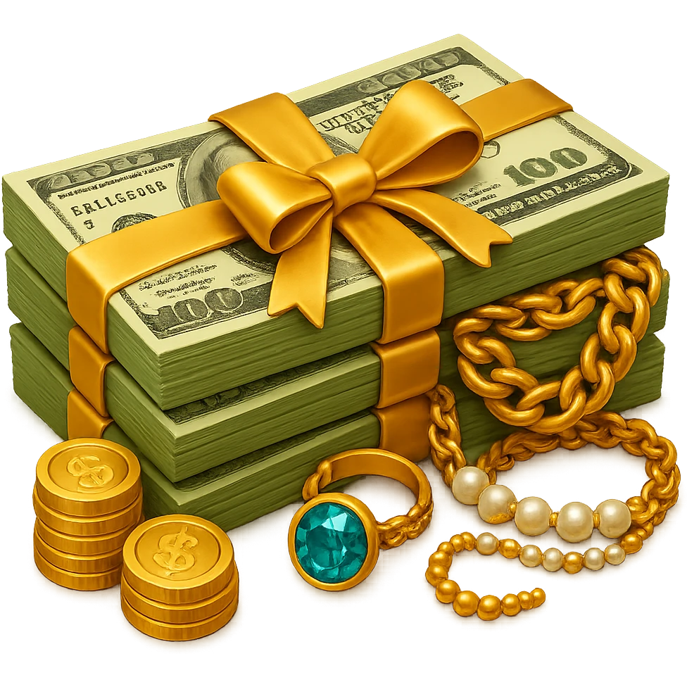 Make the stack of money look richer, add gold coins, jewelry, and a luxurious feel. The original style is emoji style, but emoji style does not support editing, so please keep the luxurious feel consistent with emoji style. emoji