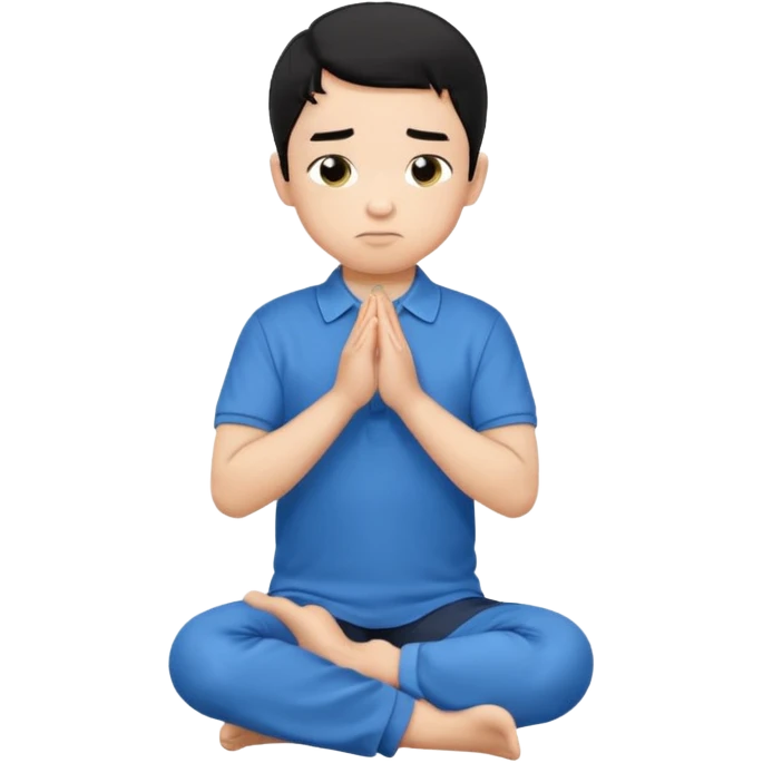 In Niño de cabello negro , arrodillado orando con polo azul emoji