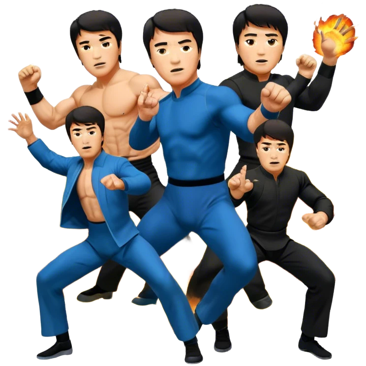 Icon for Action Movies: Collage of Arnold Schwarzenegger, Sylvester Stallone, Bruce Lee, and Jackie Chan in iconic action poses, surrounded by explosions, weapons, and martial arts moves. The design should capture the high-energy, dynamic nature of their films. Transparent background. emoji