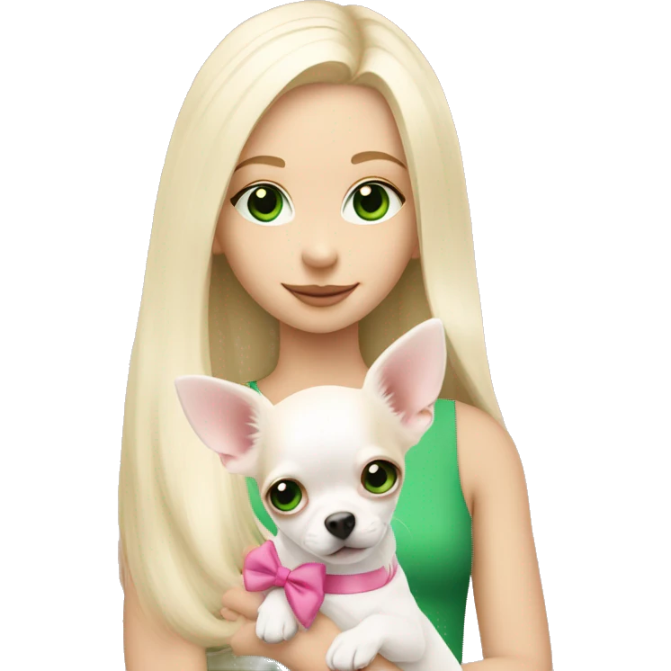 pale blond girl with long platinum hair with green eyes holding a white chihuahua puppy that wearing a pink bow emoji