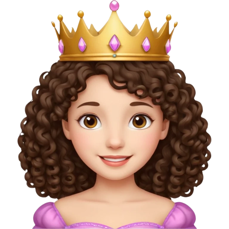 A brunette curly hair girl with a princess crown smiling gently. emoji