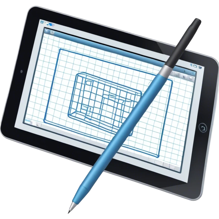 Create an emoji for 3D visualization and modeling. Show a large graphic tablet with a stylus drawing in a 3D modeling program, displaying a wireframe model that pops out from the screen. Use modern, professional colors. Do not include any emojis or smiley faces. Make the background transparent. emoji