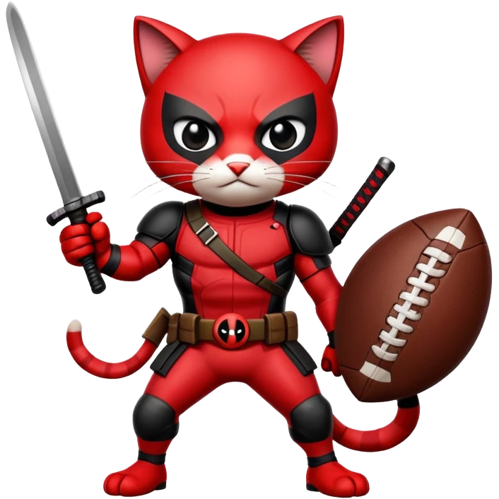Epic cat ninja with two swords and hand looking like Deadpool holding a football with the egg ready for some action ￼ emoji