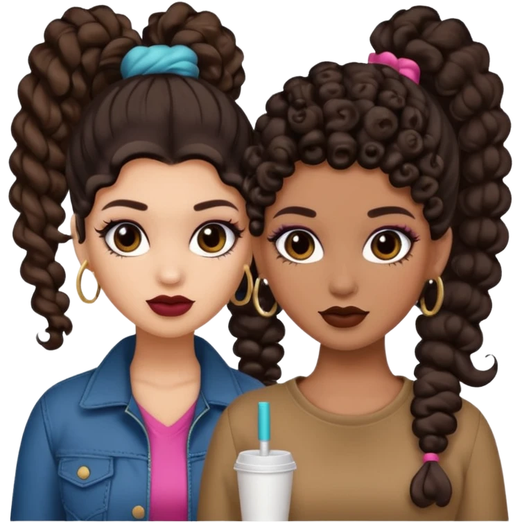 Boujy baddie best friends, trendy heavy makeup both dark hair one light skinned and one mocha brown with curls and one with ponytail emoji