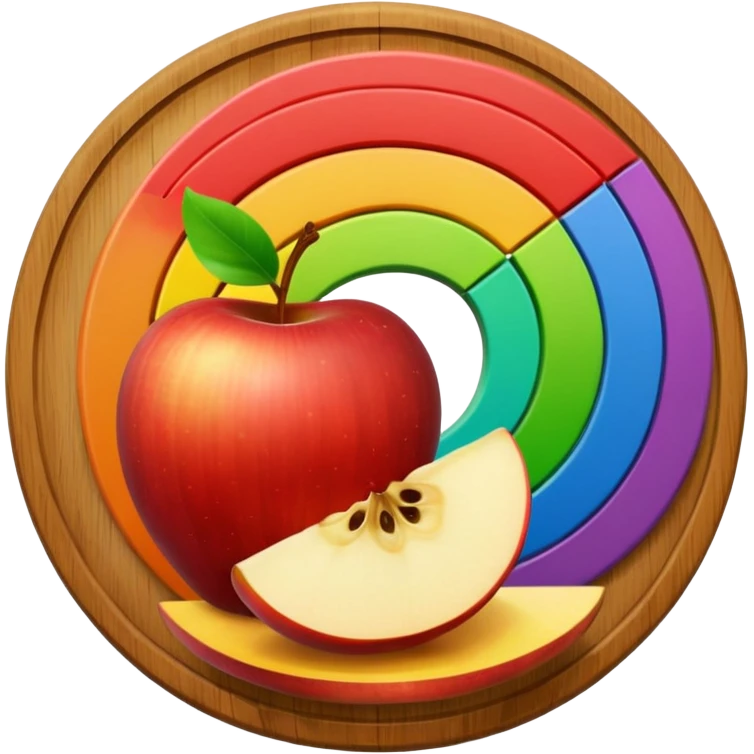 A round wooden board with a whole apple and several slices on it, with a rainbow outline emoji