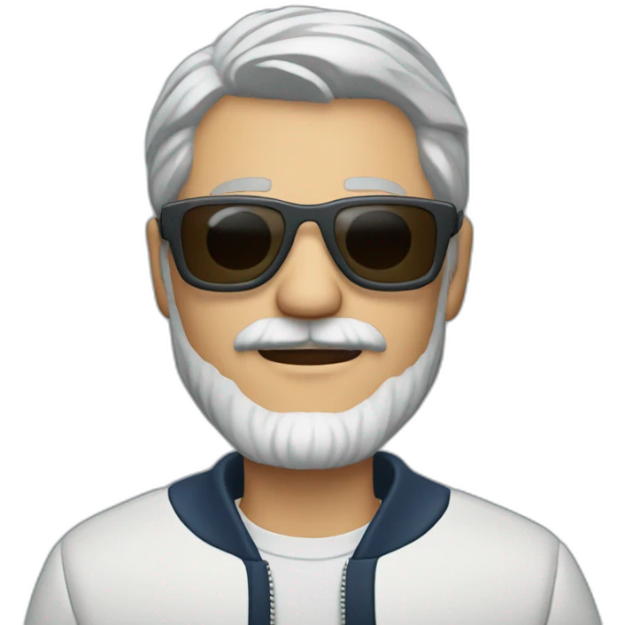 gray-haired man with a beard and mustache in sunglasses wearing a baseball jacket in a sports jacket emoji