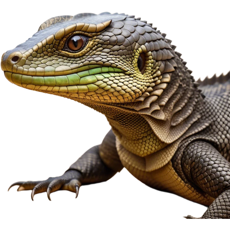 Cinematic Realistic Noble Monitor Lizard Portrait Emoji, Poised and imposing, with a robust, muscular build and a rugged, intricately scaled hide in natural olive and dark brown tones, a sharply defined head with intense, observant eyes, rendered with lifelike detail and authentic texture, high shine, intelligent and formidable, styled with an air of desert authority, focused and attentive, soft glowing outline, capturing the essence of a watchful and confident monitor lizard that appears ready to stride out of the screen with effortless power! emoji