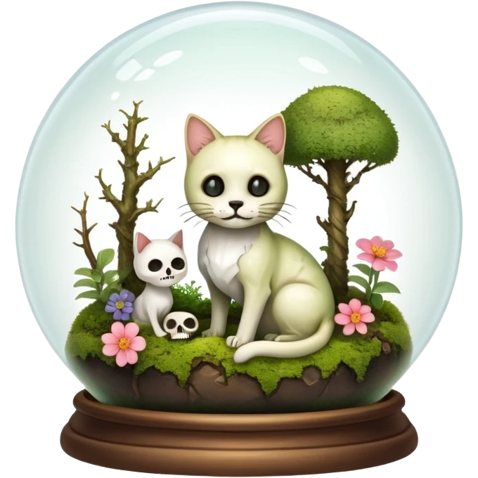 Mystical woodland glass-dome-terrarium-globe with moss inside, with and an cat-skull inside, and flowers inside  emoji