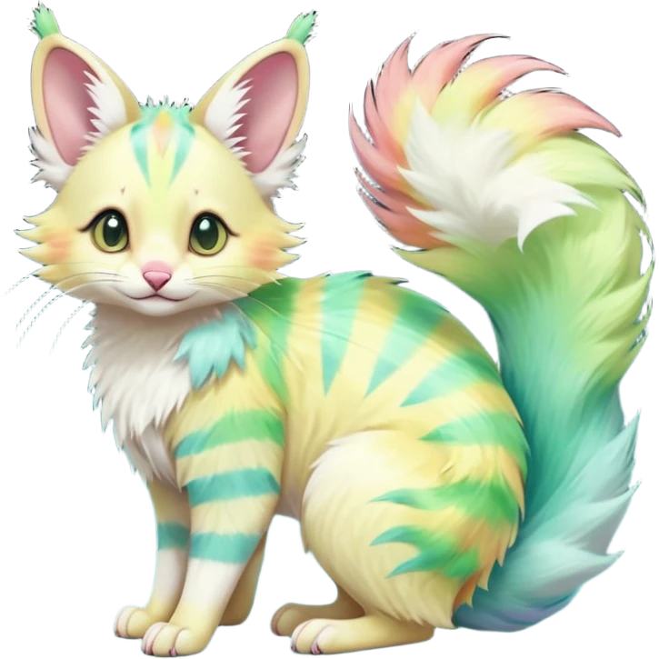  cute adorable yellow-green-turquoise-gradients albino fur with random colorful iridescent rainbow markings beautiful elegant pretty precious cute  Fakémon-Pokémon-opossum-feline-serval-caracal-chinchilla-Minccino-hybrid-creature with a big fluffy bushy striped tail (full body) emoji