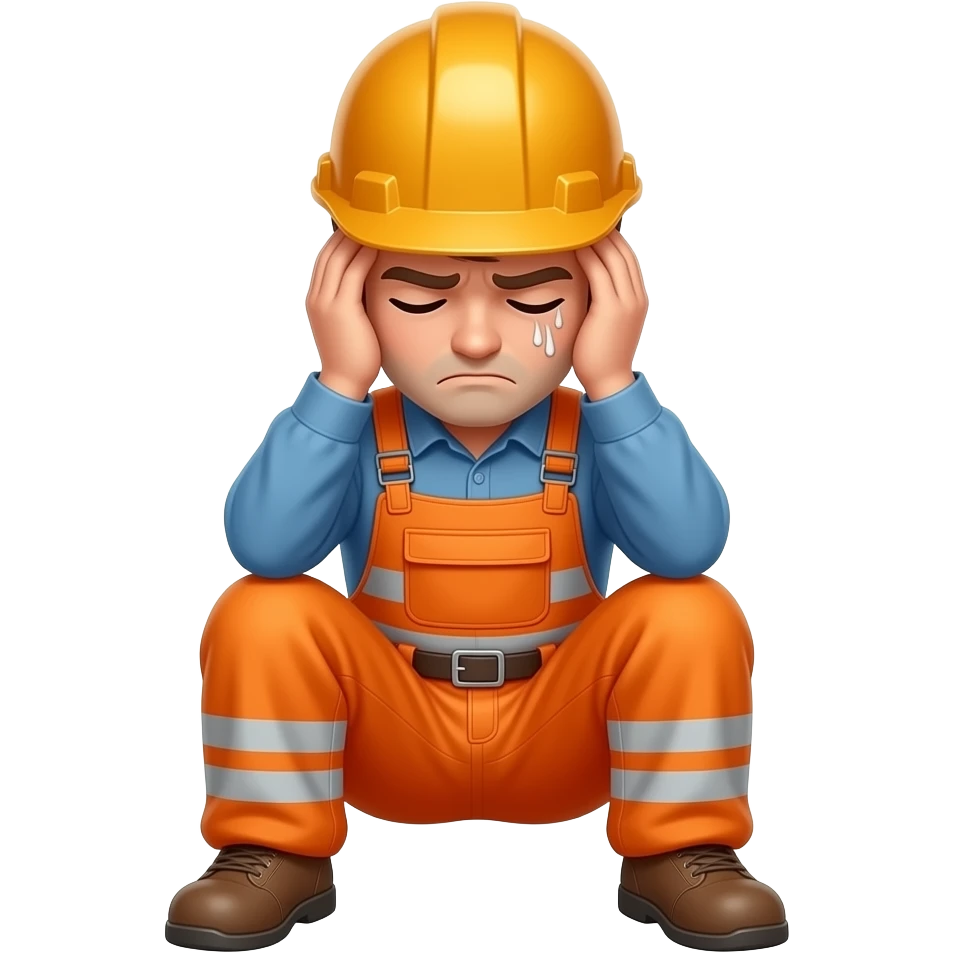 engineer sitting in full hi vis orange overalls, with head in hands , stressed emoji