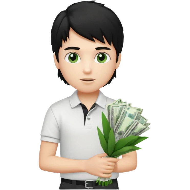 generate a pretty fair bratz boy with a messy mullet (black hair), wearing a white polo.  carrying a bouquet made of money emoji