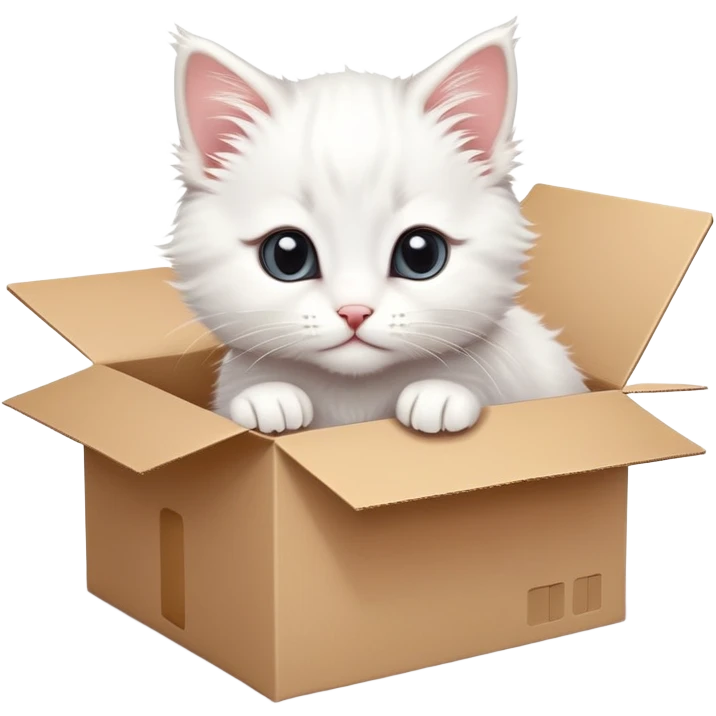  A very cute white young kitten cat with one's head tilted to one side poked its paws out of the cardboard big box and placed them on top of it emoji