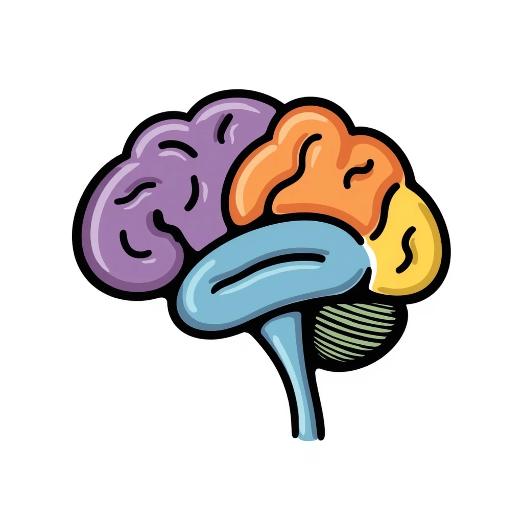 Hand-drawn anatomical brain cross-section showing different colored regions: purple cerebrum, orange cerebellum, blue brain stem, yellow thalamus, green hypothalamus. Detailed medical illustration with anatomical features clearly defined. emoji