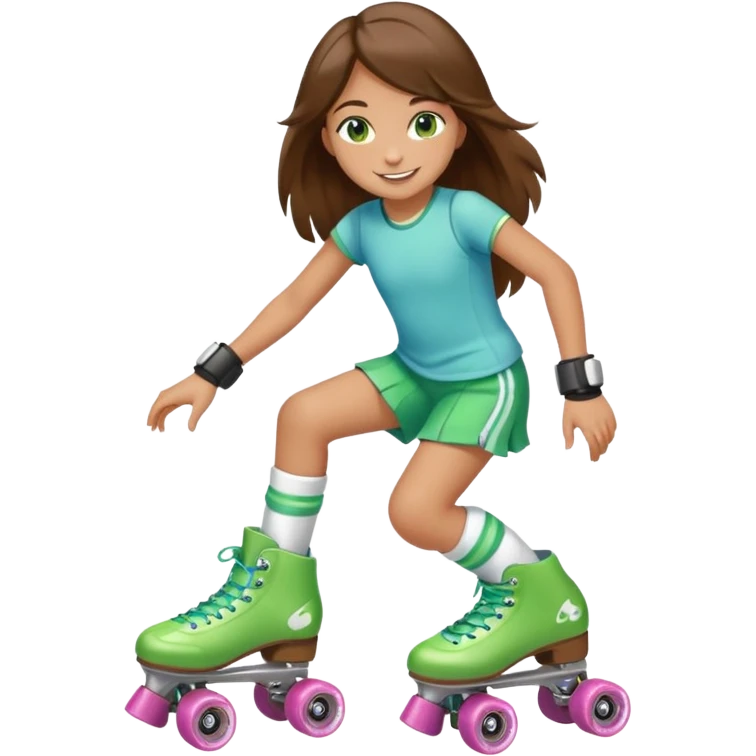 an 8 year old girl with green eyes and long brown hair. smiling. skating on quad style roller skates with white boot. emoji