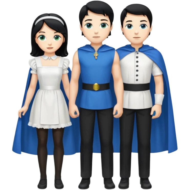 Prince with crown, blue cape and trousers, body and legs, black hair, blue eyes and maid, blonde hair, green eyes, sexy white short sleveless dress,  emoji