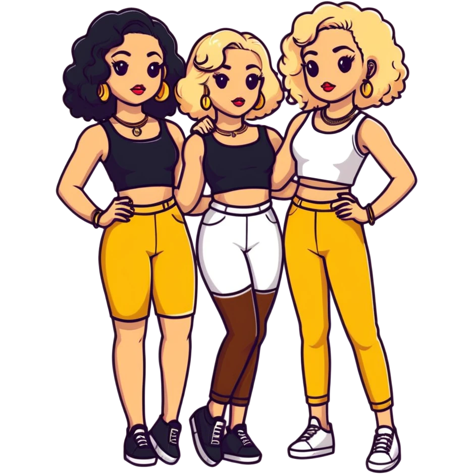 Full body of two teenage girls standing together, one white with straight blonde hair and one brown-skinned with curly black hair, both with heavy makeup, big lips, crop tops, gold jewelry and flashy choni style outfits emoji