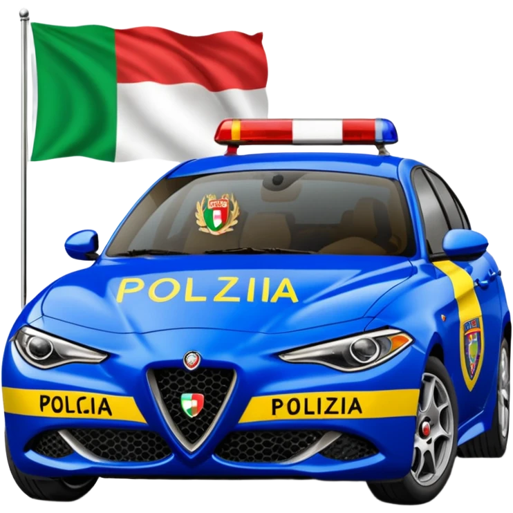 crea auto di servzio alfa romeo giulia colore nero con la scritta sul lato polizia penitenziaria e la un leopardo e la bandiera italiana emoji