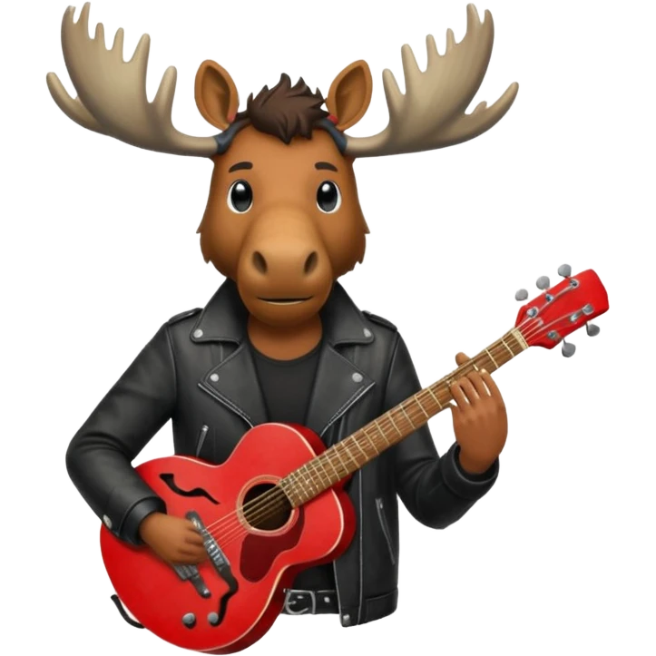 A man with a moose head in alaska pointing a red guitar directly up in the air. Make the graphics gritty and realistic like the moose man is a villian in a high budget batman movie. emoji