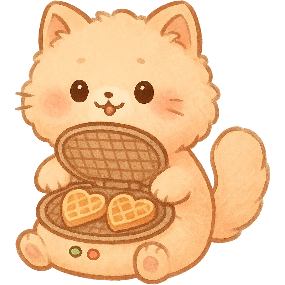 chibi style soft fluffy cat as a waffle maker, showing heart-shaped waffles, pastel orange, full-body emoji