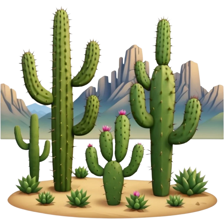 prickly pear cactus and saguaro cactus with mountains in background emoji
