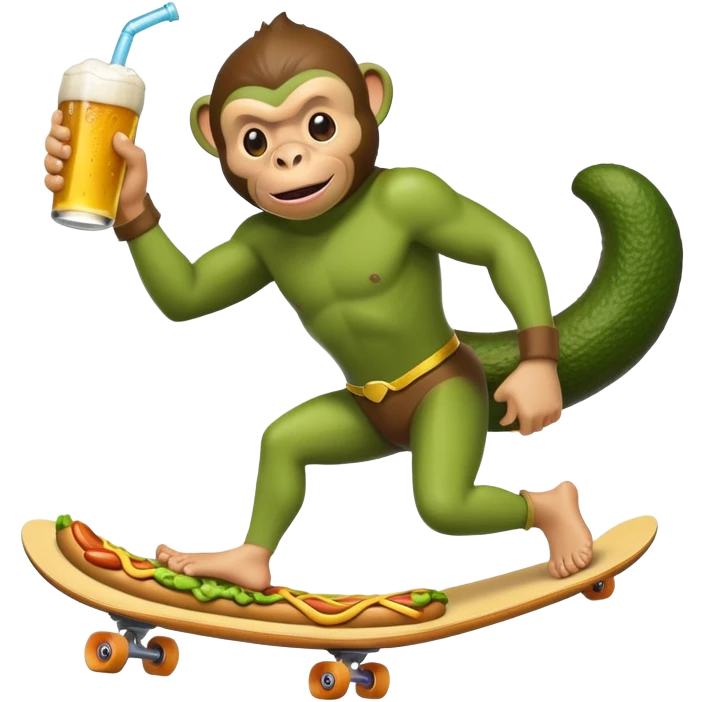 Avocado superhero eating a hotdog while skateboarding with a monkey named Steve playing Fortnite while showering in beer emoji
