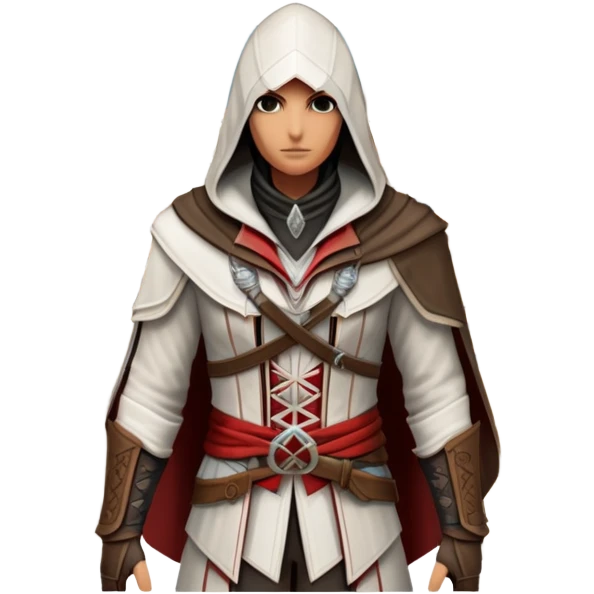 icon featuring Assasin's Creed in an iconic assassin's hood, standing tall against the backdrop of Florence. The design captures the essence of adventure, with intricate details of historical architecture and a sense of mystery. The character is poised, ready for action. transparent background. emoji
