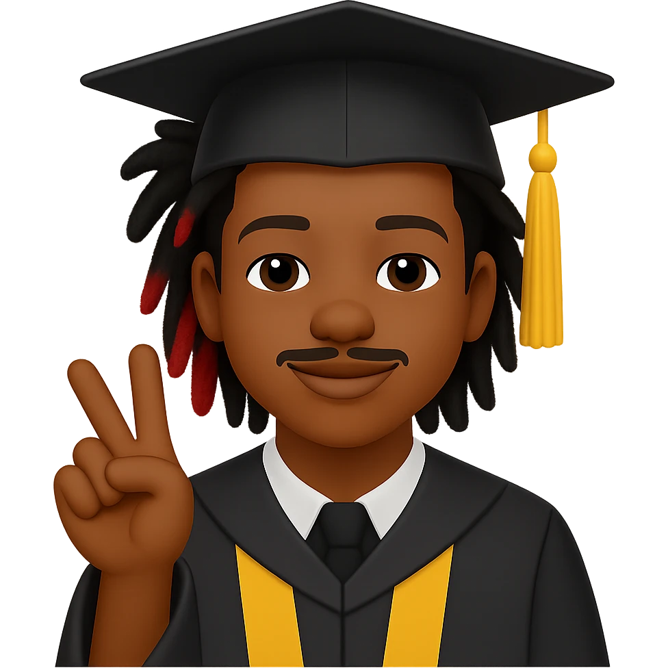 Create a male African American graduate emoji based on the reference photo with his hairstyle and features, wearing a graduation cap and gown, making a peace sign. Remove the background. emoji