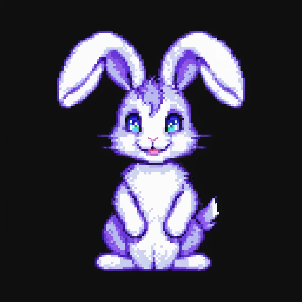 furry anthro male bunny with purple hair, blue eyes, purple and white fur, pixel art style, smiling emoji