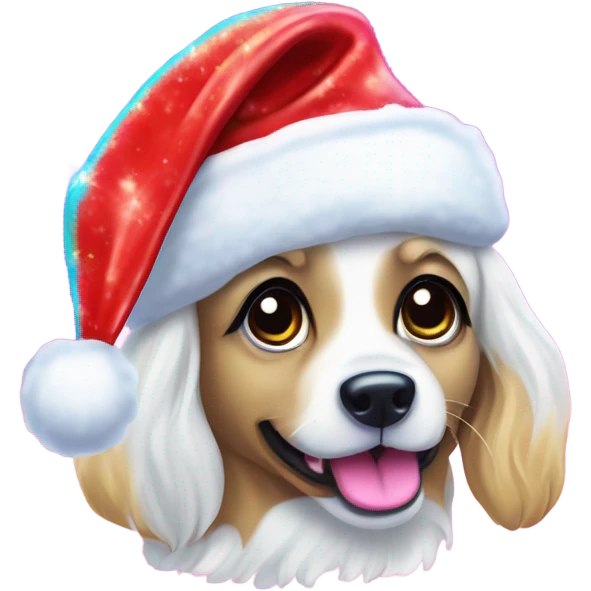 Lisa frank Christmas sparkle￼ dog with Santa hat emoji