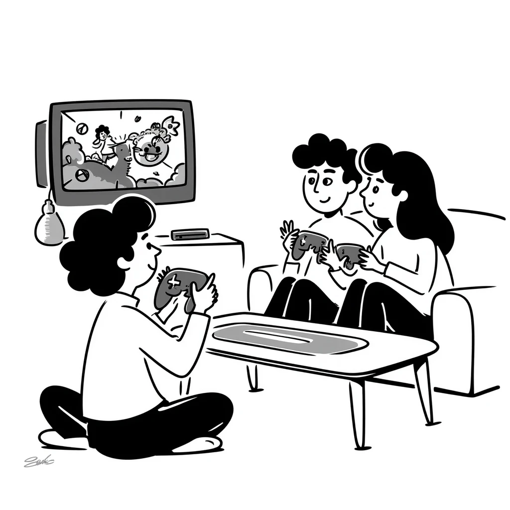 A person plays with the GameCube on tv with friends emoji