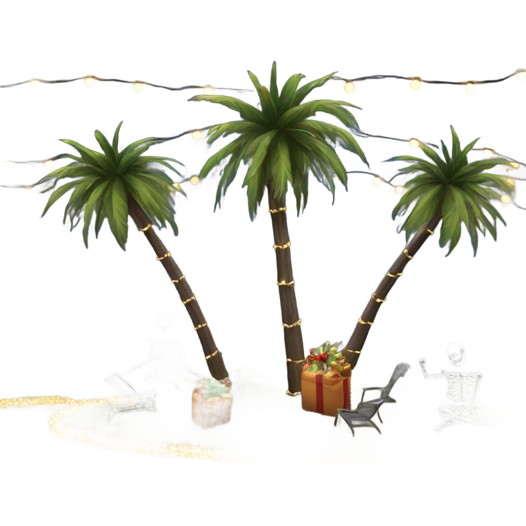 Palm trees with Xmas lights next to 10 ft skeleton emoji