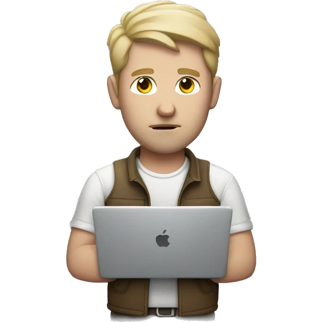 white man holding a MacBook with serious face emoji