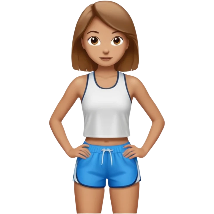 sporty and fit girl with light brown hair in shorts and with a beautiful face emoji