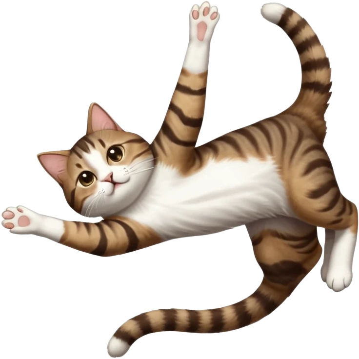 dark brown tabby and white cat with doing a big extremely long stretch reaching up into the air with arms and legs side by side together straight and overextended whilst lying on its side emoji