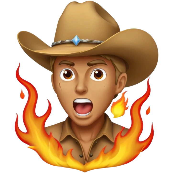 angry country music guy screaming wearing a cowboy hat mixed a heavy metal guy with flames coming out the back emoji